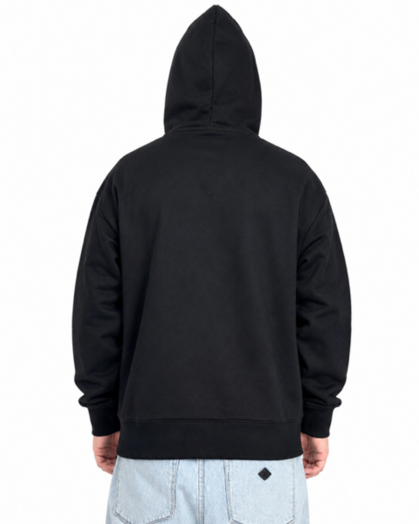 Black hoodie worn by a person on a white background