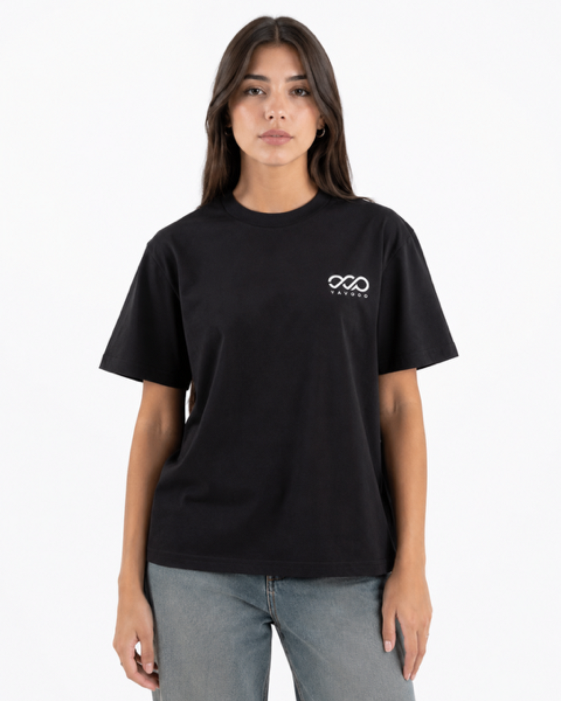Person wearing a black t-shirt with a logo on a white background