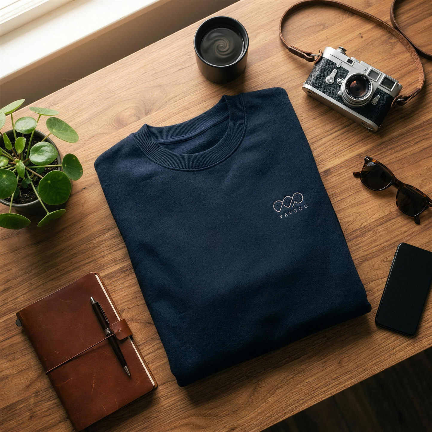 YAVOOO Crewneck flat lay - front, desk styled