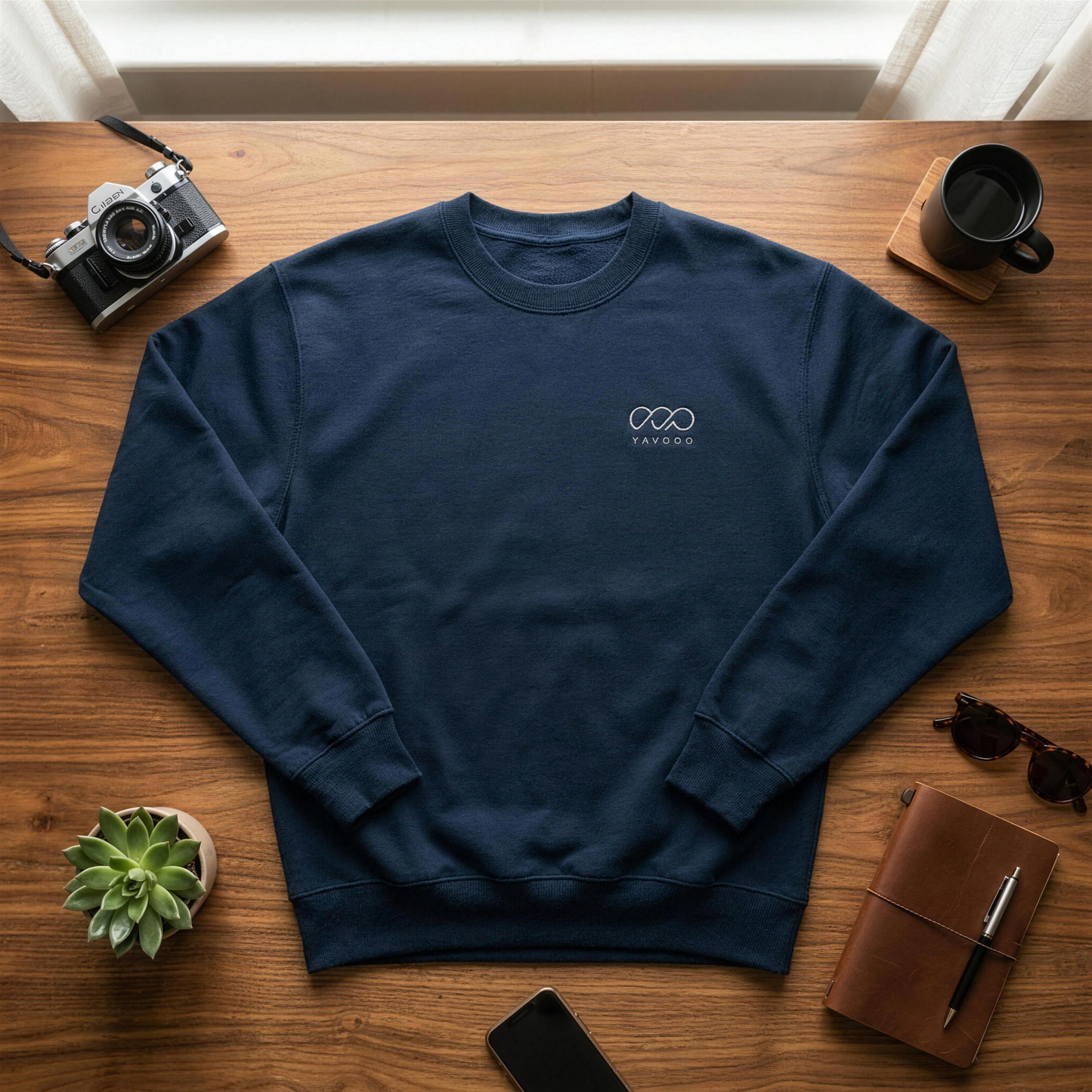 YAVOOO Crewneck flat lay - open, desk styled