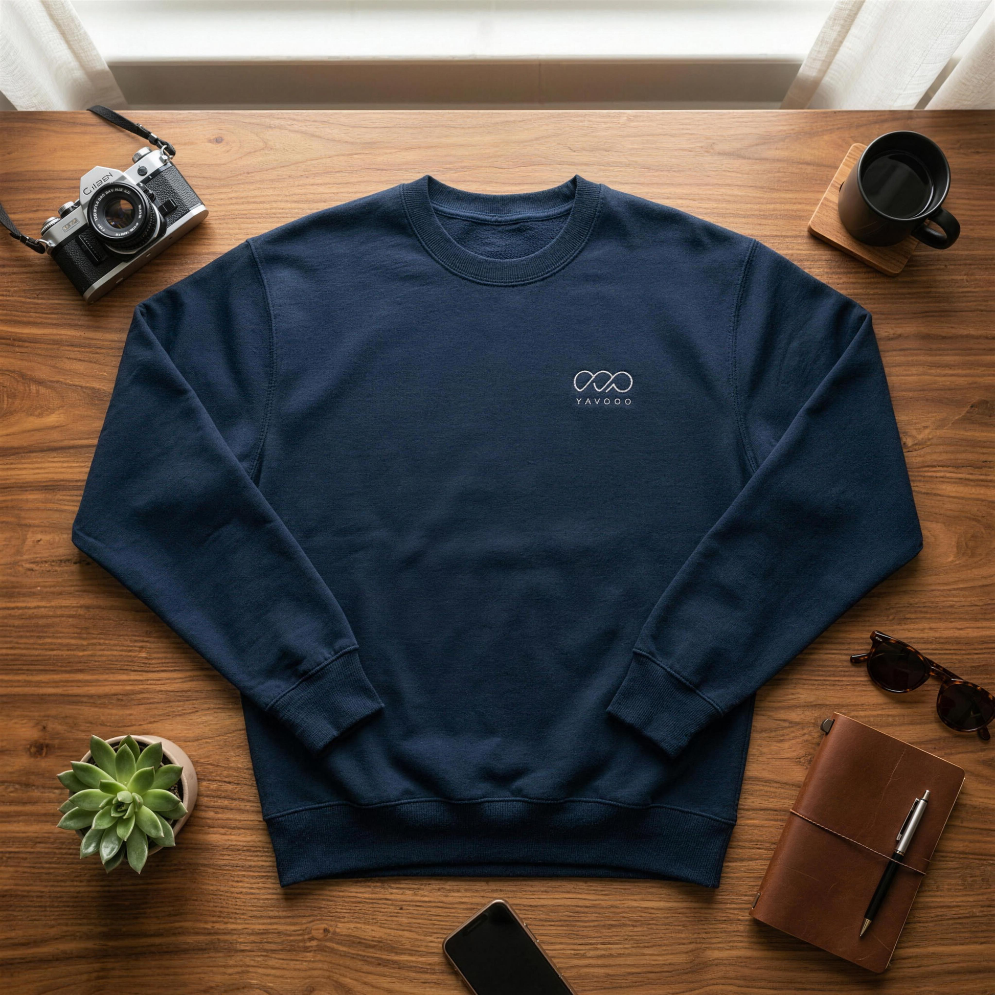 YAVOOO Crewneck flat lay - open, desk styled