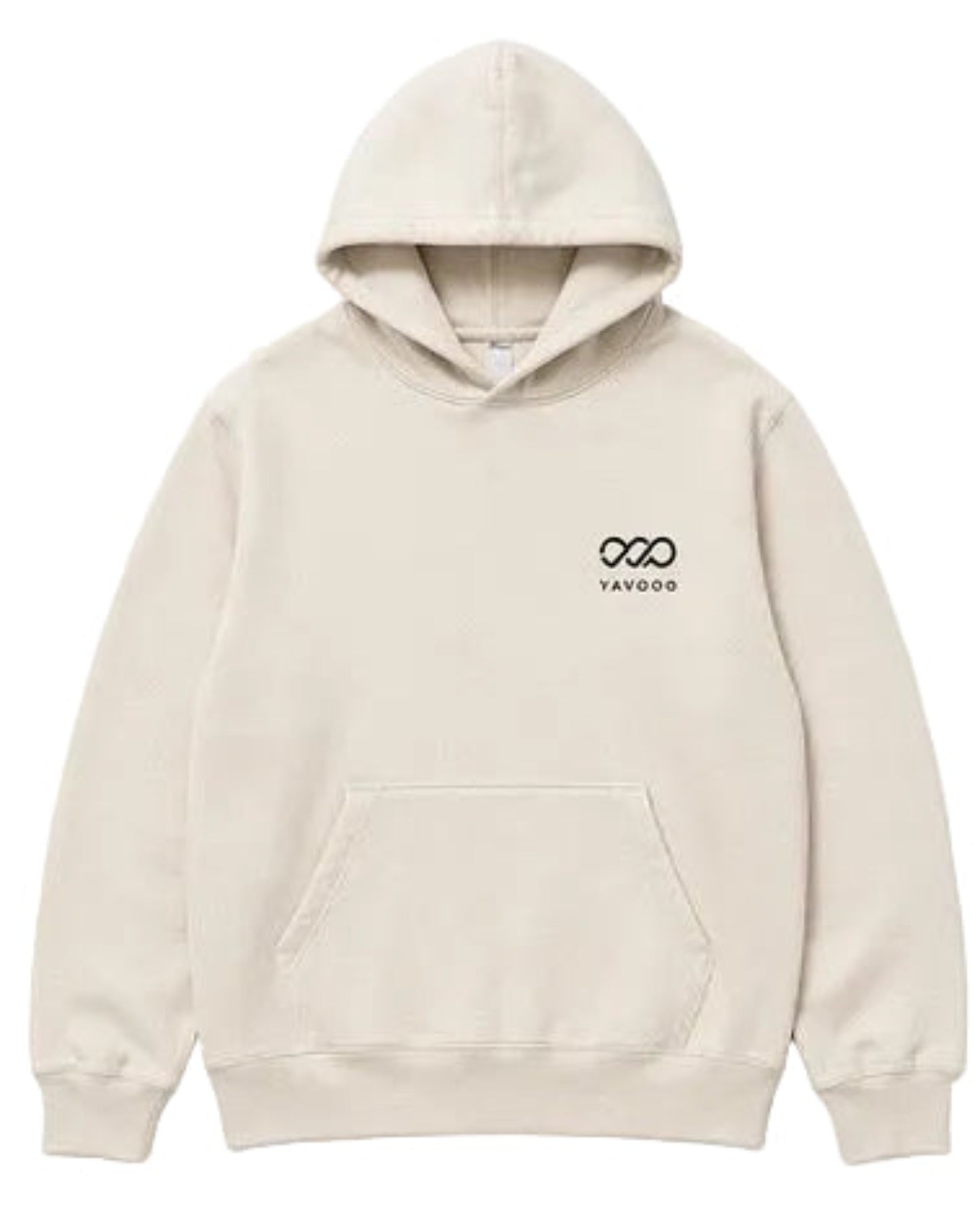 Beige hoodie with a logo on the chest against a white background