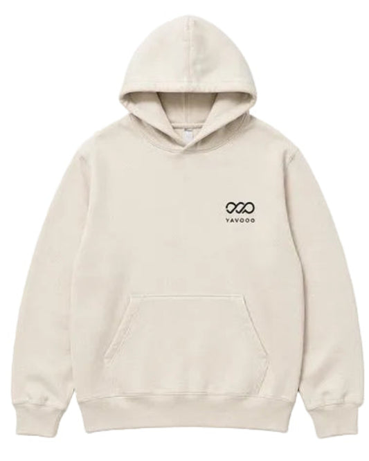 Beige hoodie with a logo on the chest against a white background