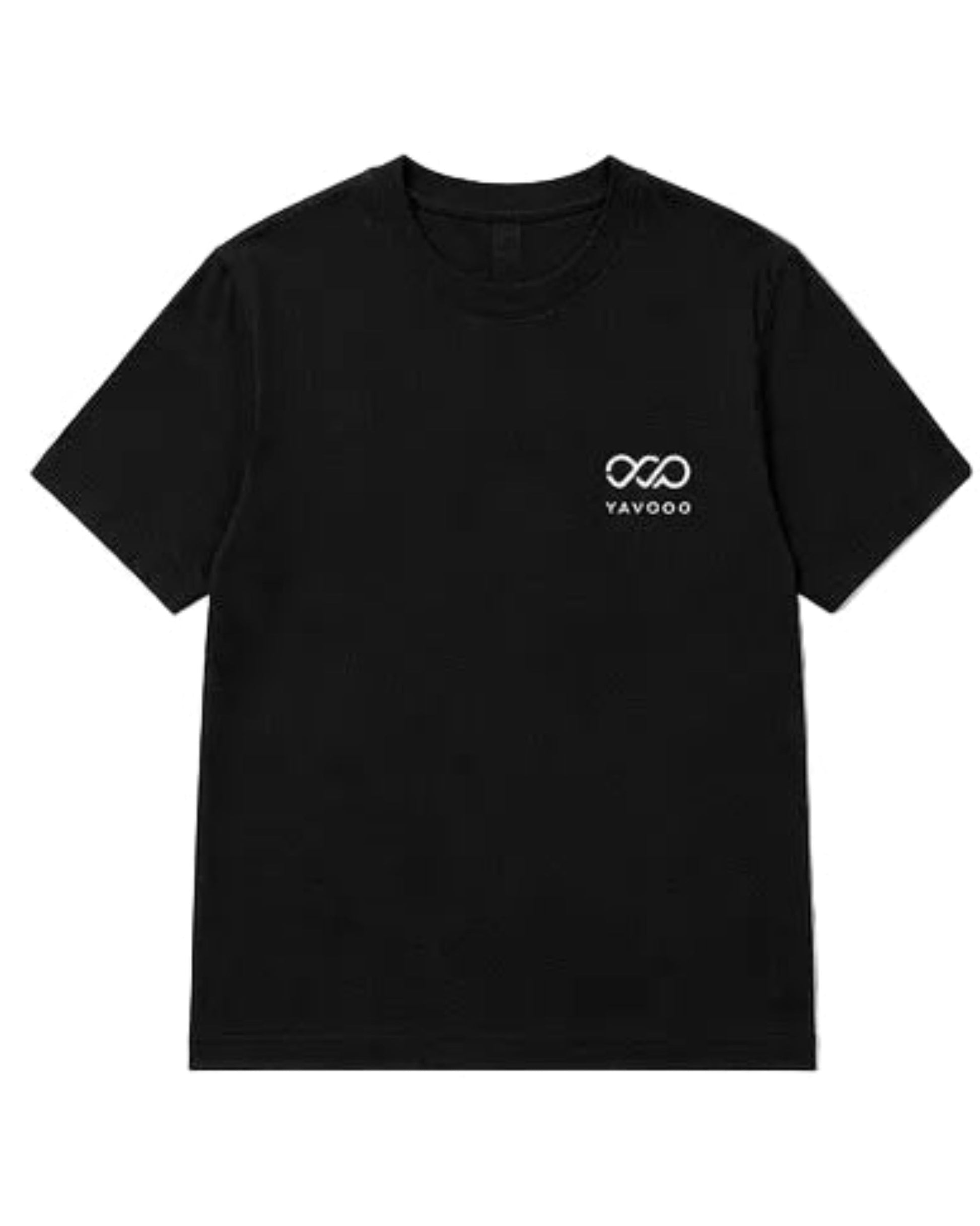 Black t-shirt with a white logo on a white background