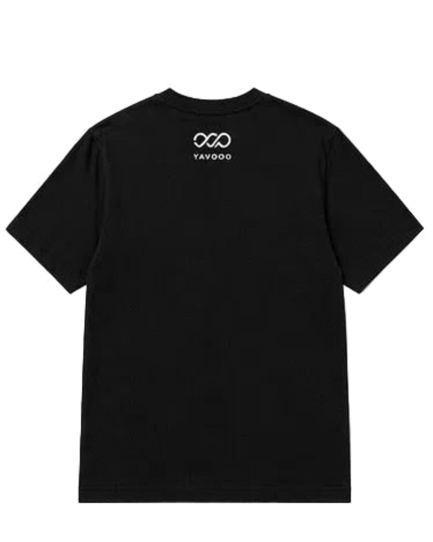 Black t-shirt with a logo on the back against a white background