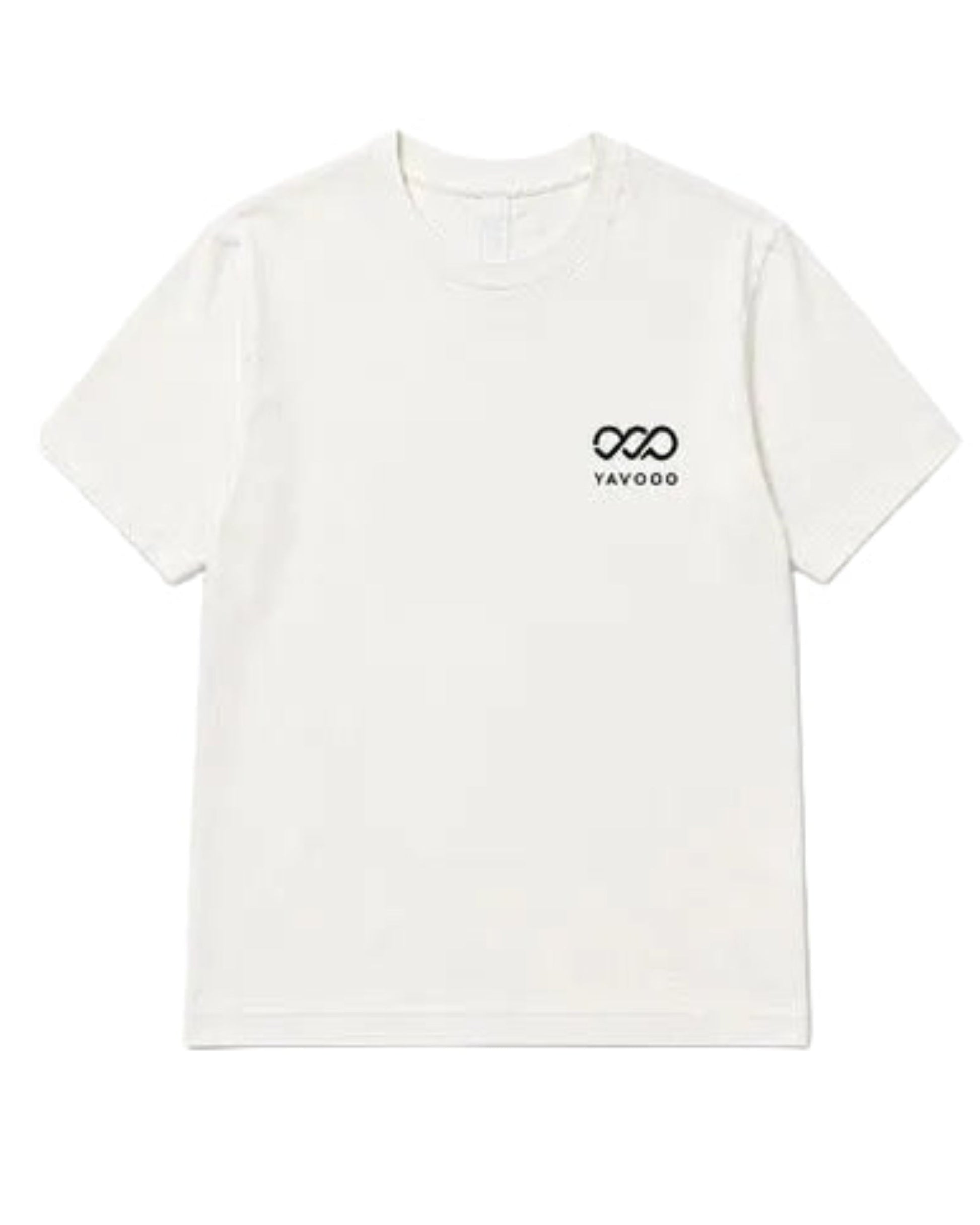 White t-shirt with a black logo on a white background