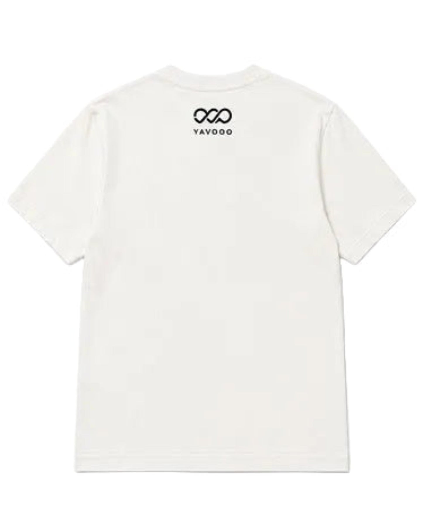 White t-shirt with a logo on the back against a white background