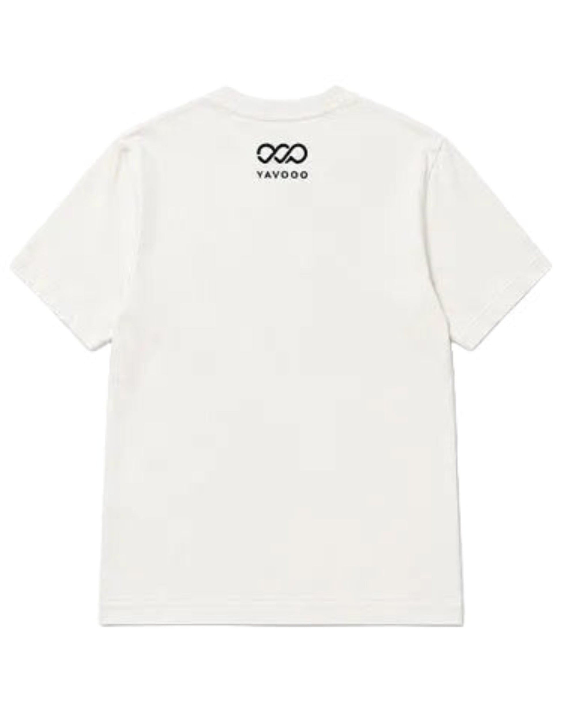 White t-shirt with a logo on the back against a white background